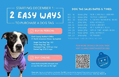 2026 Clark County dog licenses available at Springfield Township Offices on January 20